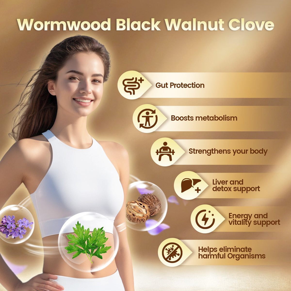 VivoNu wormwood black walnut clove softgels infographic for gut protection metabolism and energy vitality support