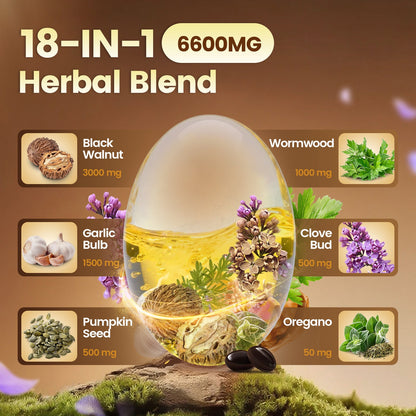 VivoNu 18-in-1 6600mg herbal blend infographic with wormwood black walnut clove garlic pumpkin seed oregano softgels
