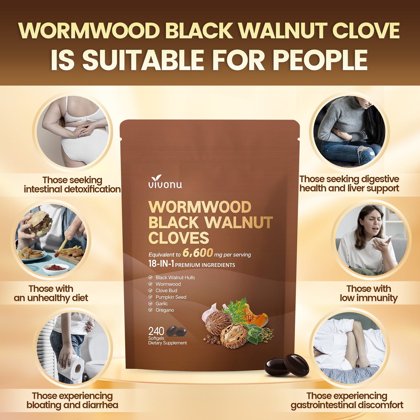 VivoNu wormwood black walnut cloves softgels suitable users chart for gut health liver support and bloating relief