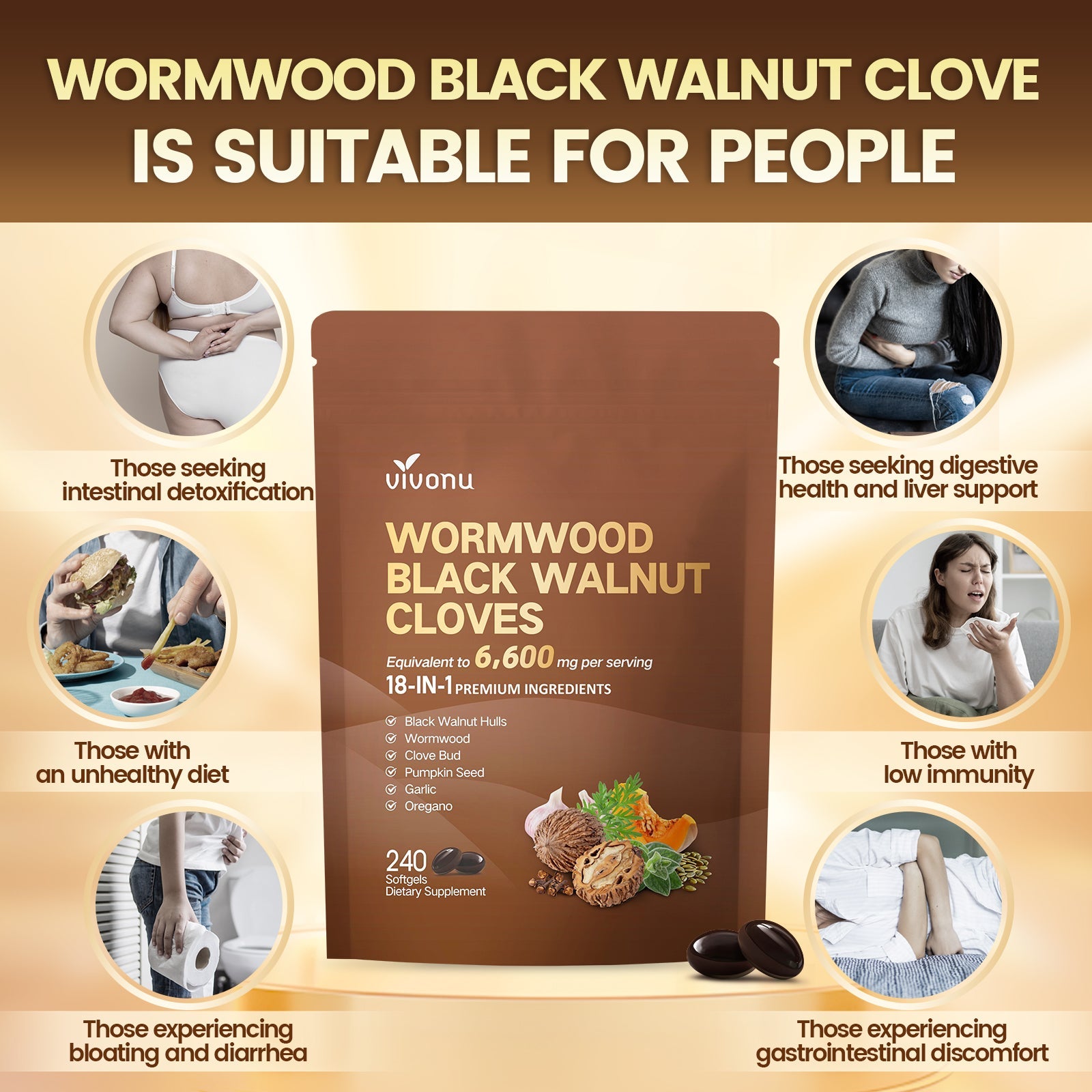 VivoNu wormwood black walnut cloves softgels suitable users chart for gut health liver support and bloating relief