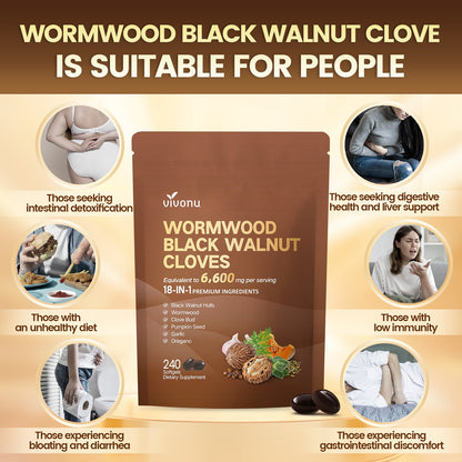 VivoNu wormwood black walnut cloves softgels suitable users chart for gut health liver support and bloating relief