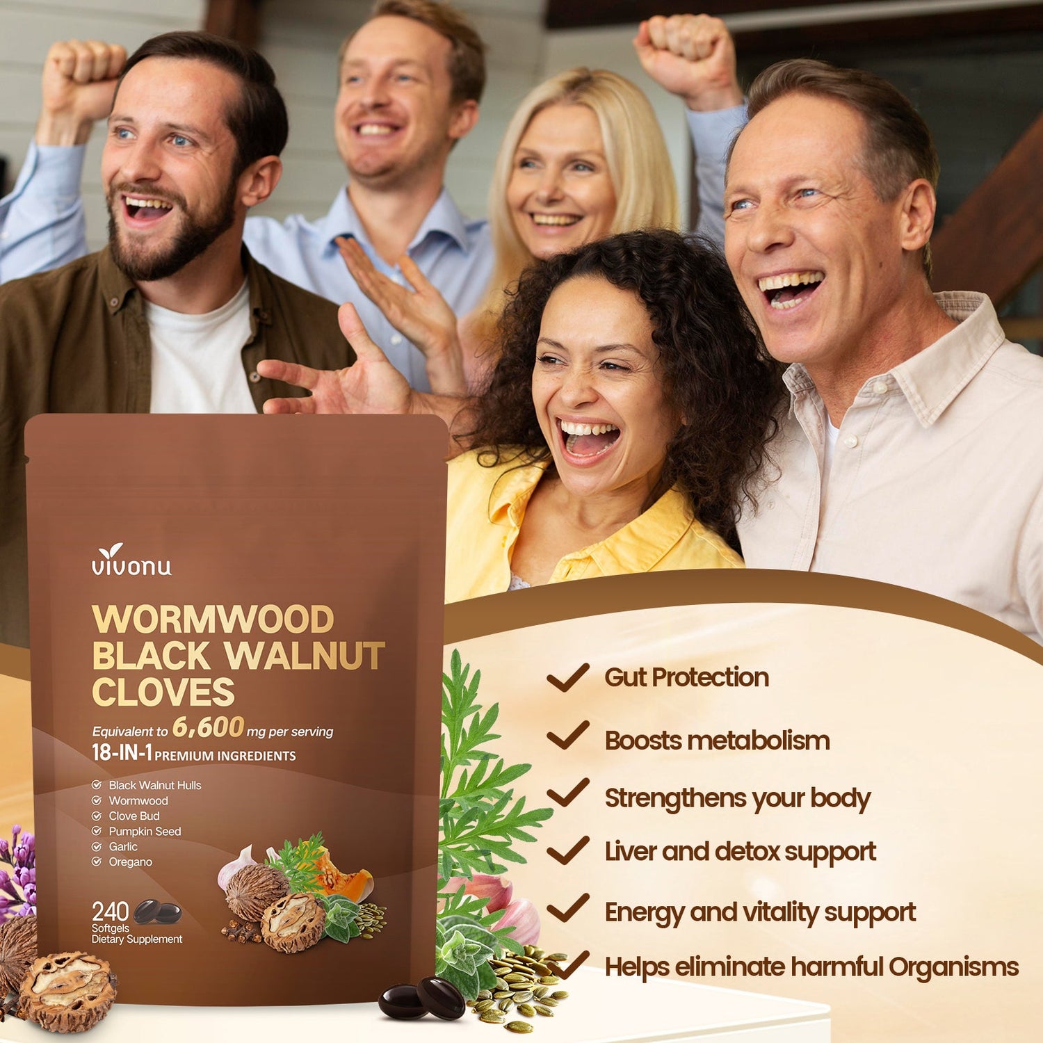 VivoNu wormwood black walnut cloves softgels infographic for energy vitality metabolism and gut protection
