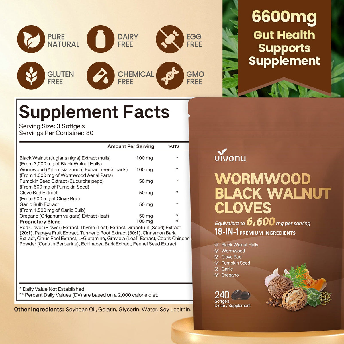 VivoNu 6600mg wormwood black walnut cloves supplement facts label showing 18-in-1 herbal formula 240 softgels bag