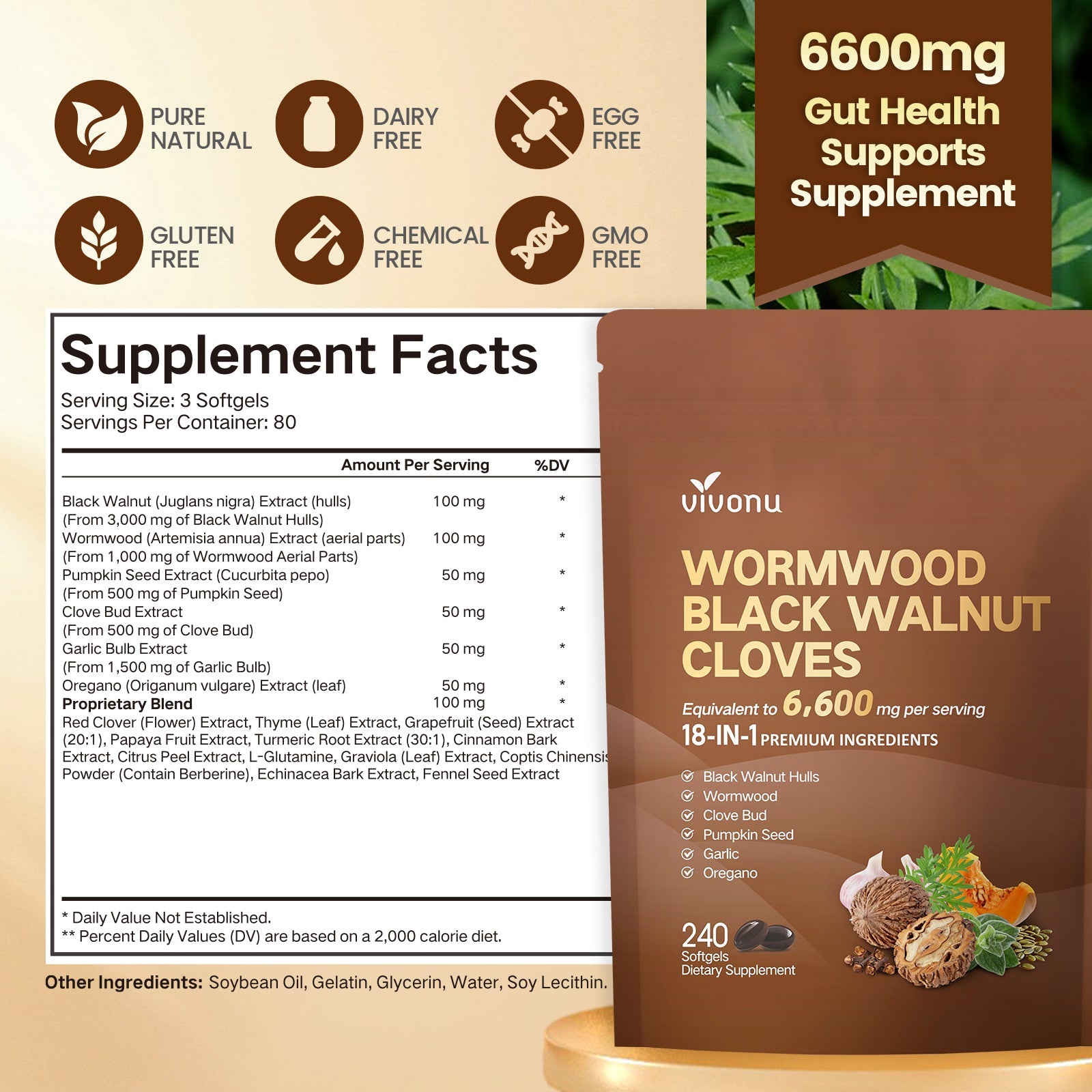 VivoNu 6600mg wormwood black walnut cloves supplement facts label showing 18-in-1 herbal formula 240 softgels bag