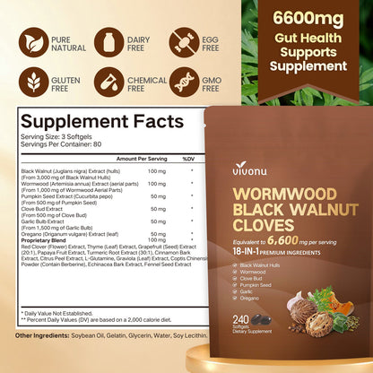 VivoNu 6600mg wormwood black walnut cloves supplement facts label showing 18-in-1 herbal formula 240 softgels bag