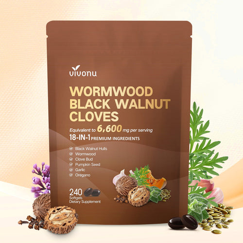 VivoNu 6600mg wormwood black walnut cloves softgels 240 count single bag 18-in-1 herbal supplement